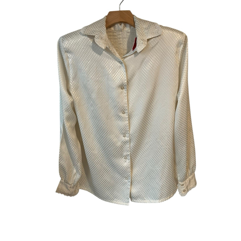 Halston III Vintage Blouse Womens 8 Ivory Lapel Collar Button Up Long Sleeve